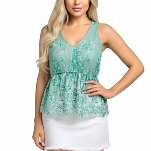 Willow & Root Buckle Lace Sleeveless Top Women's Size Small V Neck Green